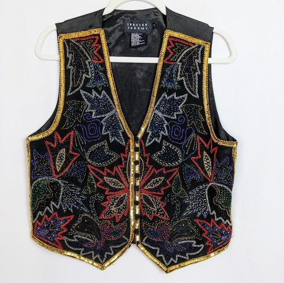 Spencer Jeremy Vintage 90s Floral Leaf Beaded Sequin Embellished Silk Vest sz.M - Picture 1 of 6